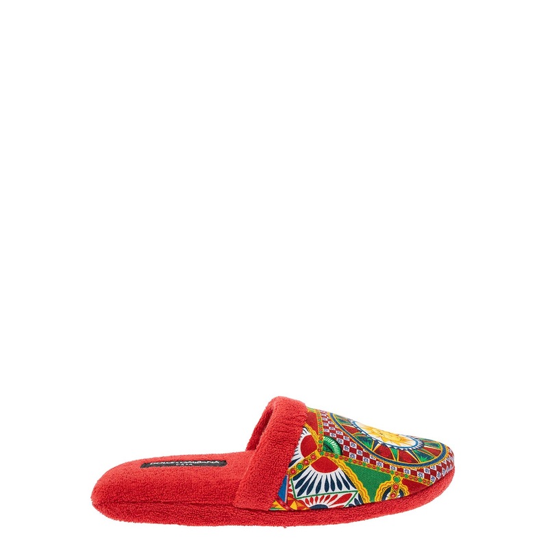 Red Slippers with Carretto Siciliano Print in Cotton Home