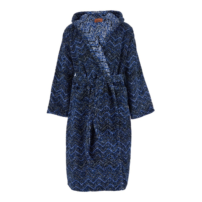 ‘Azul’ Blue Bathrobe with Zig Zag Motif in Cotton