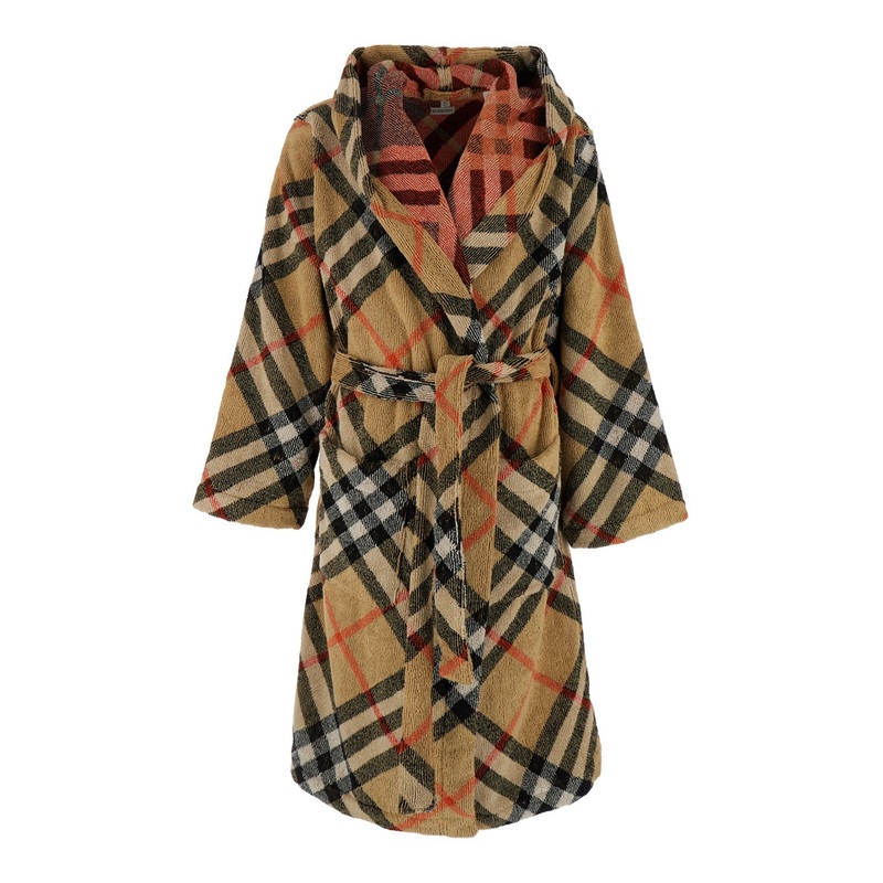 Beige Robe with Cord Closure on the Front and All-Over Check Motif in Cotton Home