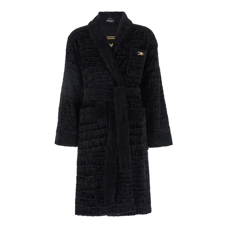 Black Bathrobe with Medusa Plaque on the Front and Maxi Logo on the Back in Cotton Home