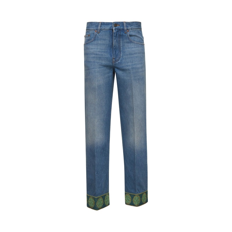 Blue denim jeans with jacquard hems