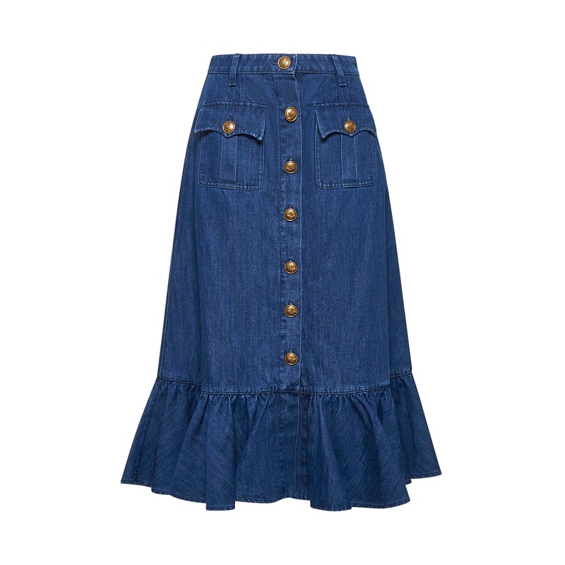 Blue lightweight denim midi skirt