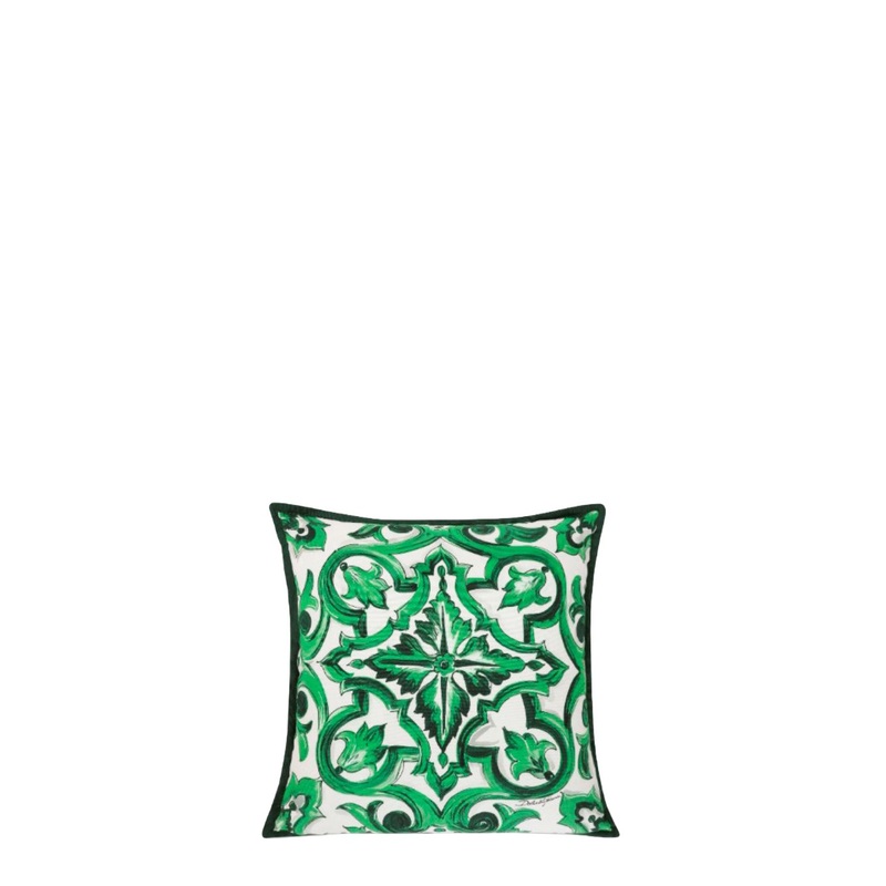 Green and White Small Cushion with All-Over Print in Cotton Home