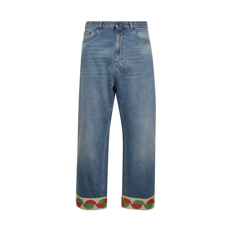 Light blue denim jeans with jacquard hems