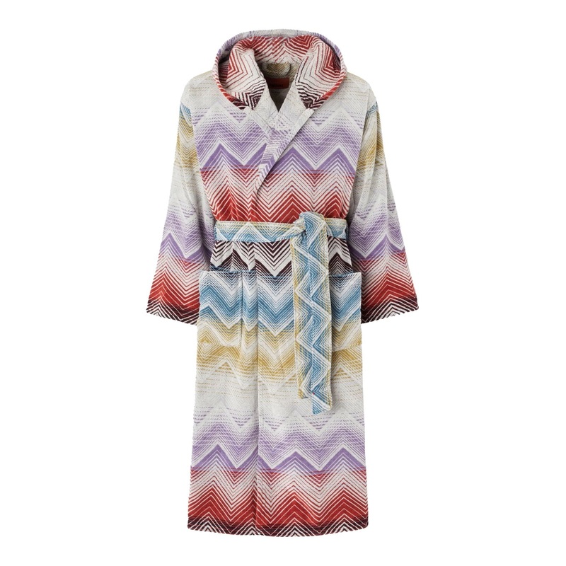 ‘Marea’ Multicolor Bathrobe with Hood and All-Over ZIgZag Motif in Cotton Home