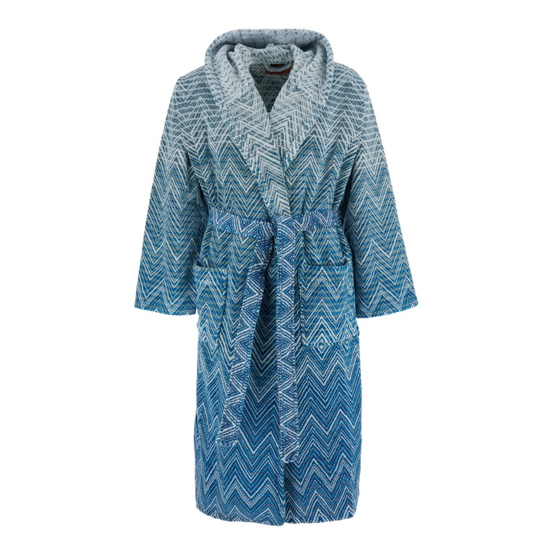 ‘Stone’ Blue Bathrobe with Hood and All-Over ZigZag Motif in Cotton Home