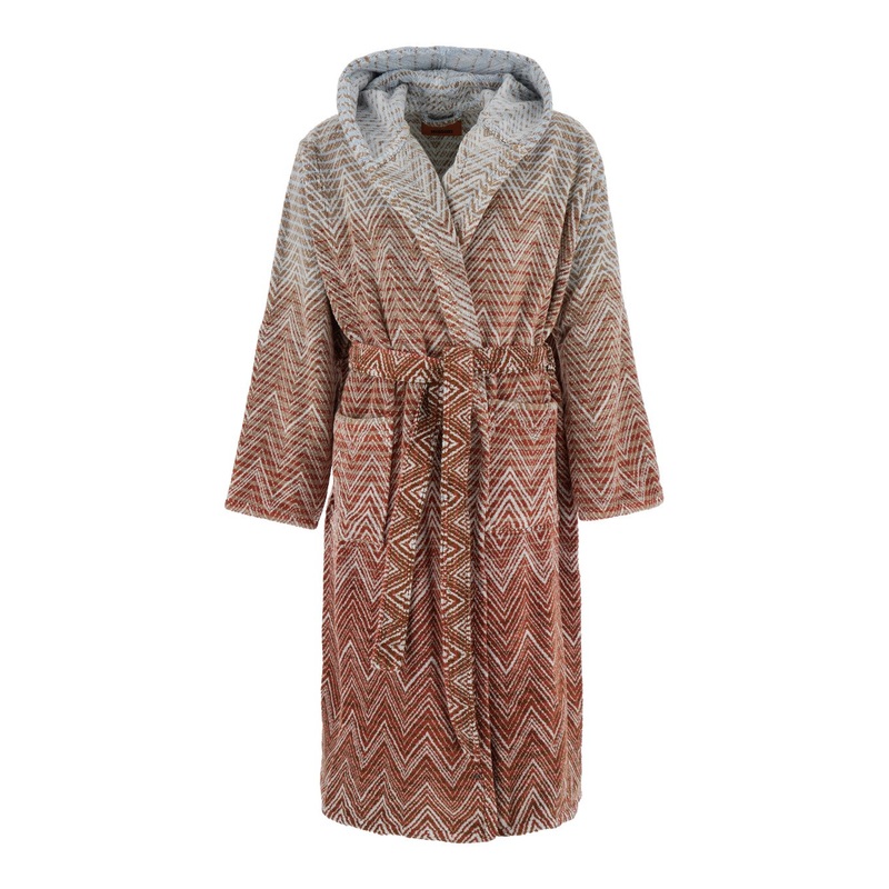‘Stone’ Red Bathrobe with Hood and All-Over ZigZag Motif in Cotton Home