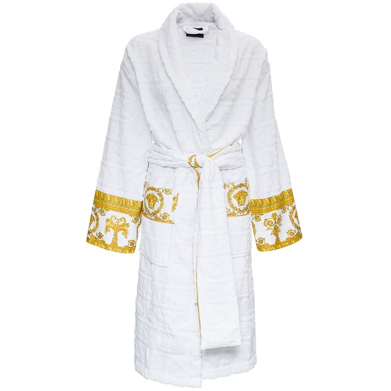 White Bathrobe with Baroque Pattern in Terry Cotton