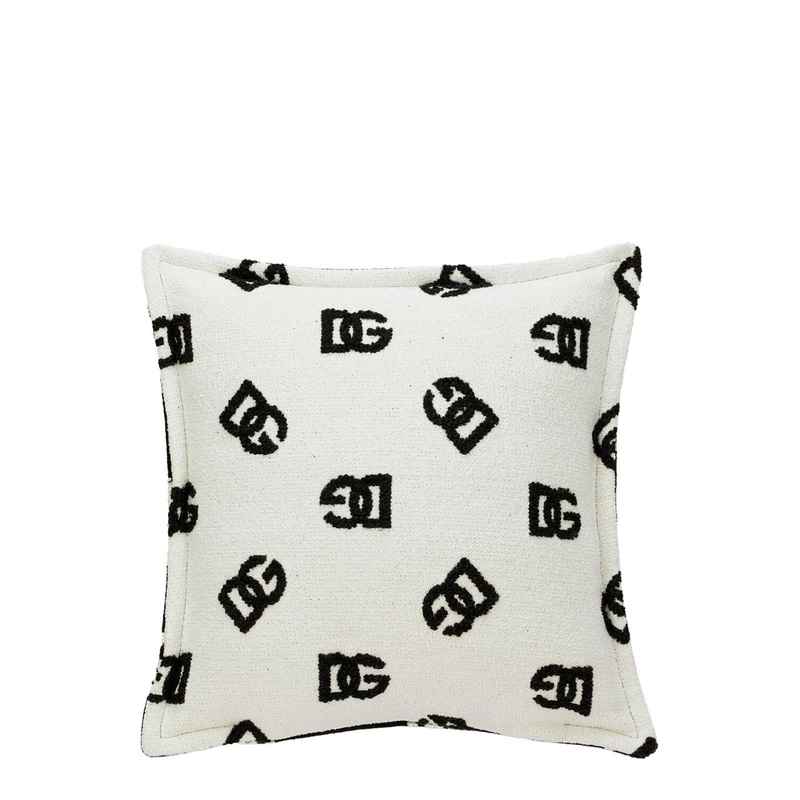 Black and WHite Square Cushion with All-Over Logo Motif in Cotton Home
