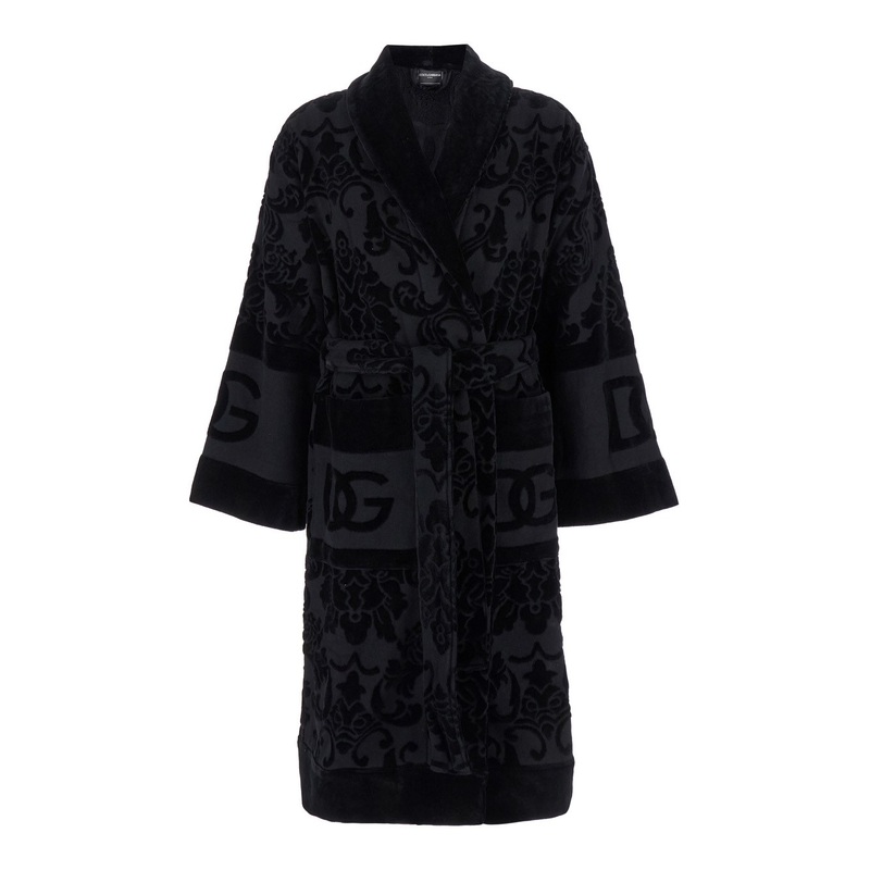 Black Bath Robe with Matching Belt in Terry Cotton Jacquard