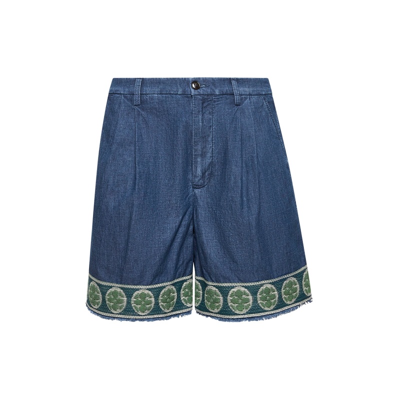 Blue denim Bermuda shorts with jacquard hems