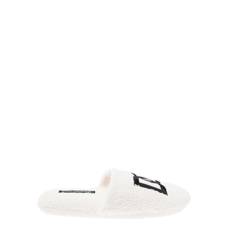 White Slippers with Contrasting Logo Embroidery in Terry Cotton Home