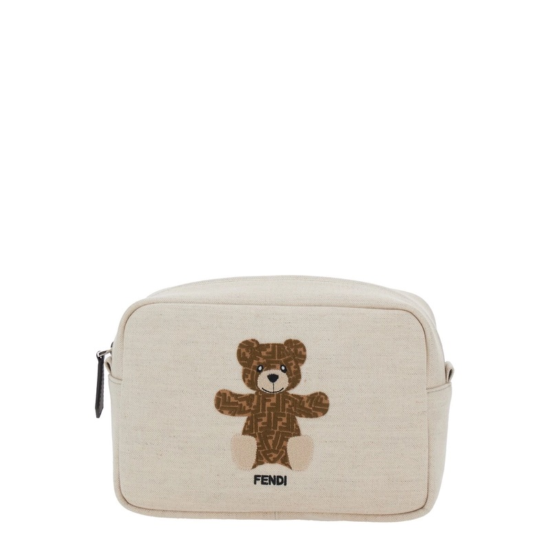 Beige Beauty Case with Logo Lettering and Bear on the Front in Cotton Blend Girl