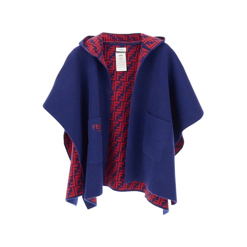 Blue Reversible Cape with Fixed Hood and Logo Lettering on the Front in Wool and Cashmere Blend Girl