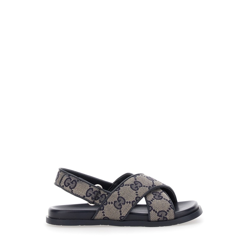 Blue Sandals with All-Over GG Motif and Logo on the Insole in Fabric Blend Girl