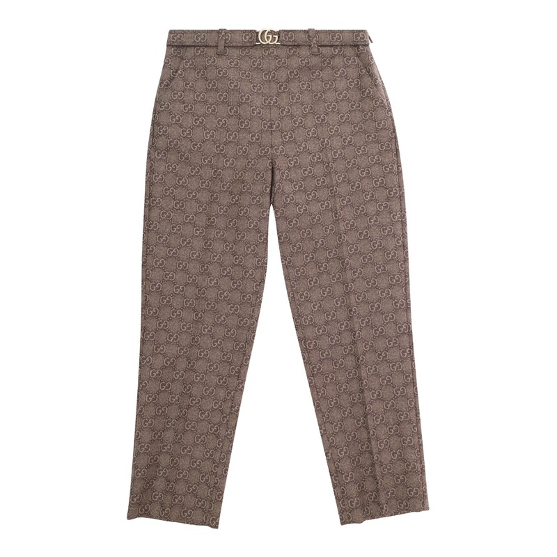 Brown Pants with GG Motif and Belt in Wool Girl