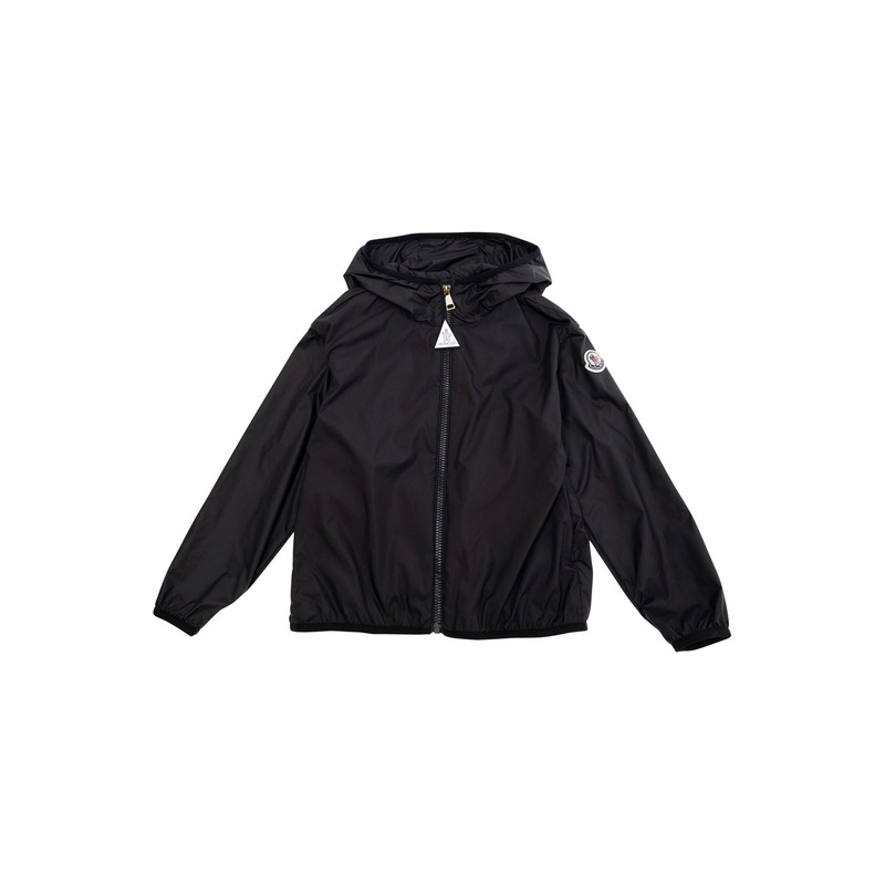 ‘Fegeo’ Black Jacket with Fixed Hood and Logo Patch on the Sleeve in Tech Fabric Girl