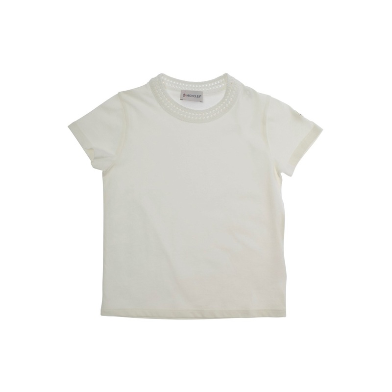 White T-Shirt with Round Neck and Logo Patch on the Sleeve in Cotton Girl