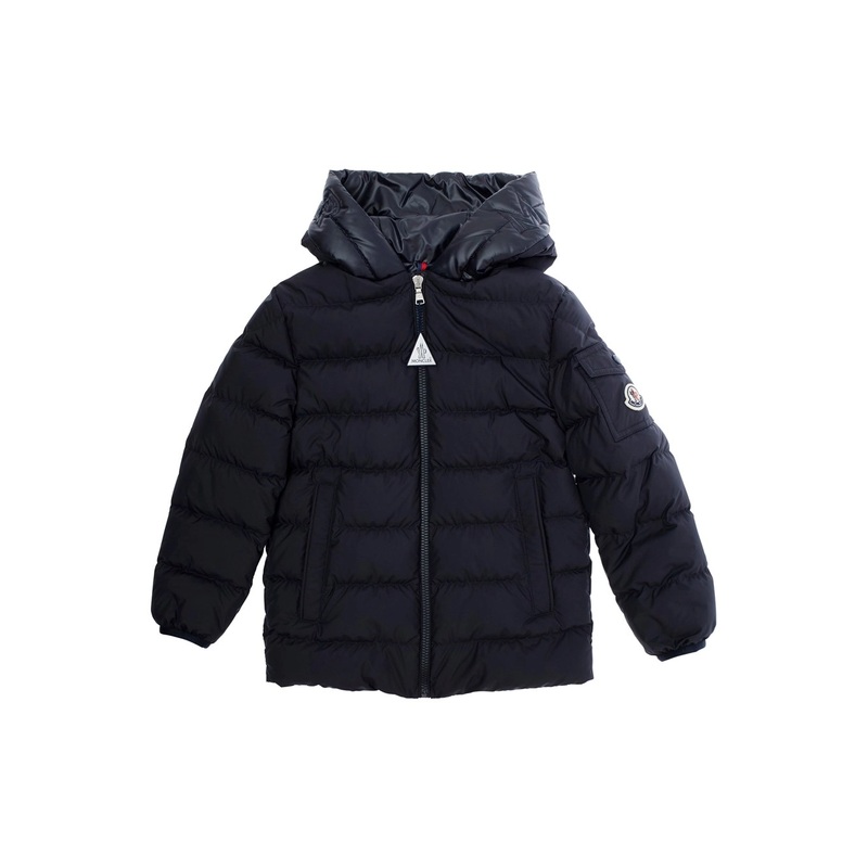 ‘Najan’ Blue Down Jacket with Fixed Hood and Logo Patch on the Sleeve in Tech Fabric Boy
