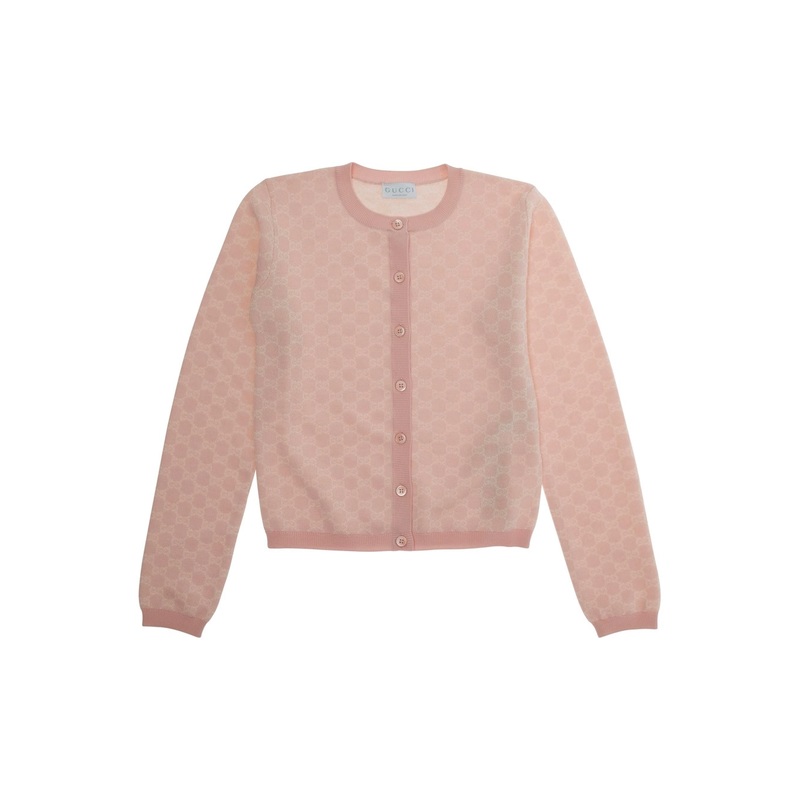 Pink Cardigan with Round Neck and All-Over GG Motif in Wool Girl
