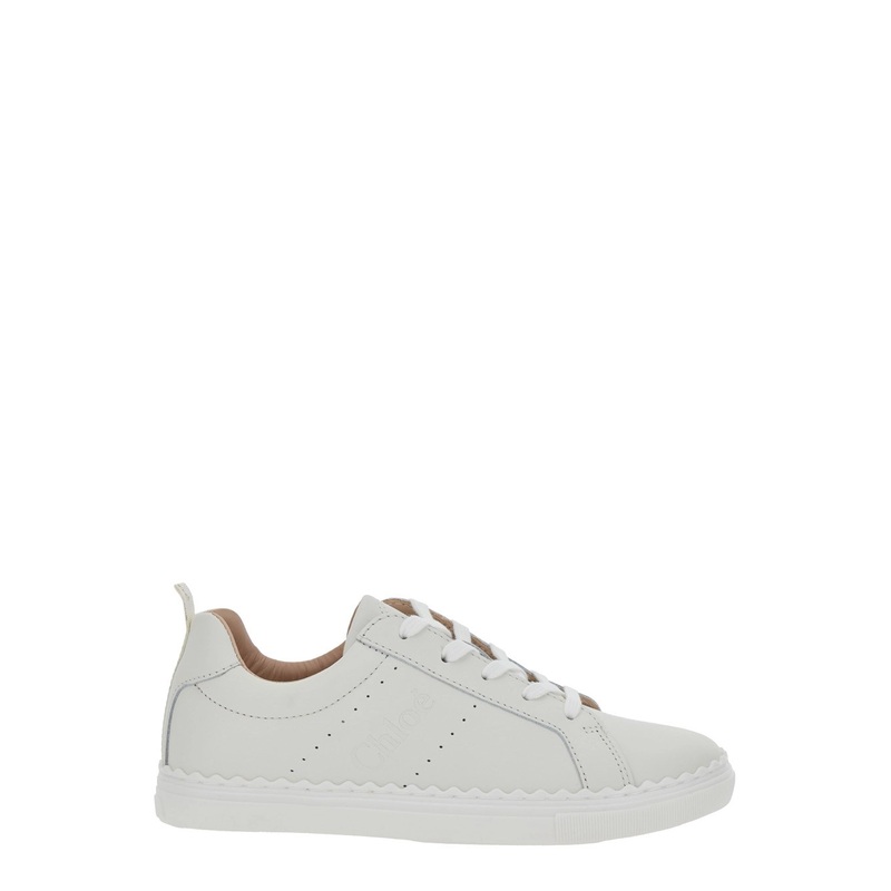 White Low Top Sneakers with Embossed Logo Lettering on the Tongue and Pull-Tab with Logo Lettering on the Heel in Leather Girl