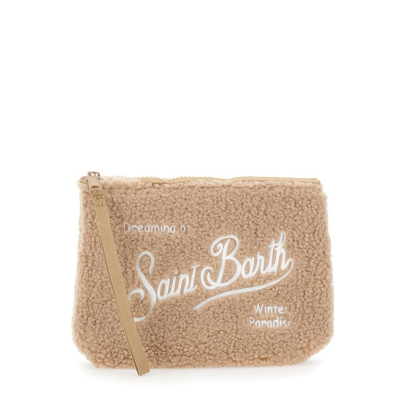 ‘Aline’ Beige Clutch Bag with Teddy Effect and Maxi Logo Lettering on the Front and Back in Fabric Girl