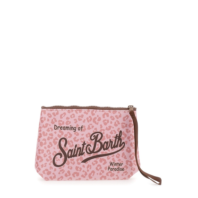 ‘Aline’ Pink Clutch with All-Over Motif and Logo Lettering on Front and Rear in Fabric Girl