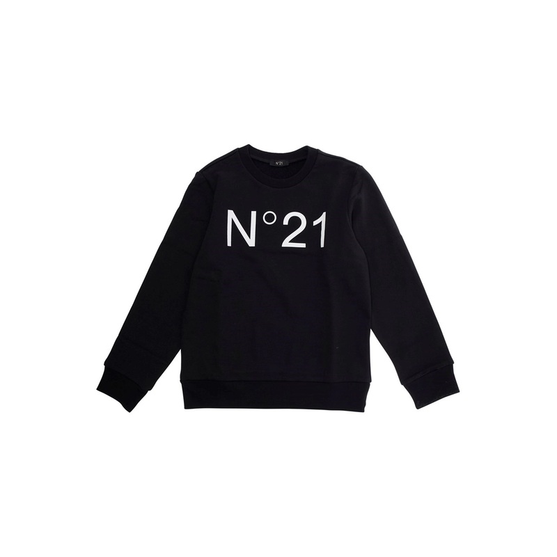 Black Crewneck Sweater with Maxi Logo Print on the Front in Cotton Girl