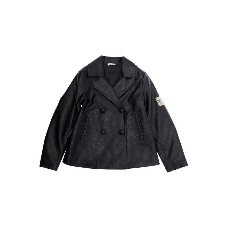 Black Double-breasted Jacket with Logo Patch on Sleeve in Eco Leather Girl