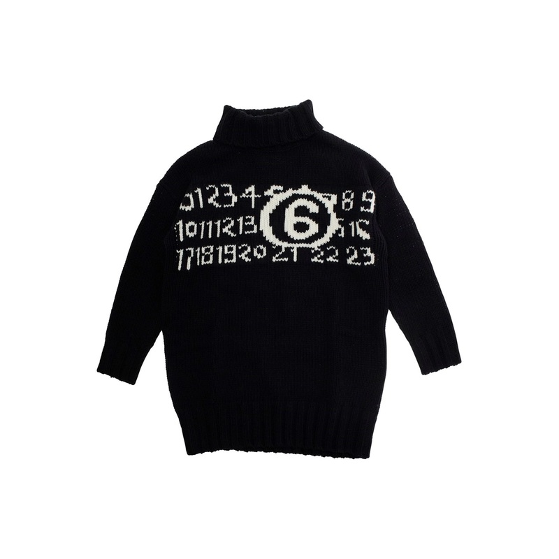 Black High-Neck Dress with Maxi Logo on the Front in Wool Girl