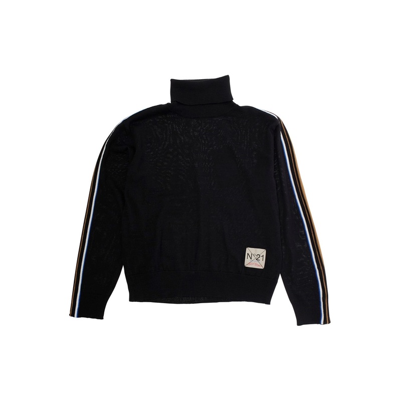Black High Neck Sweater with Logo Patch in Wool Blend Boy