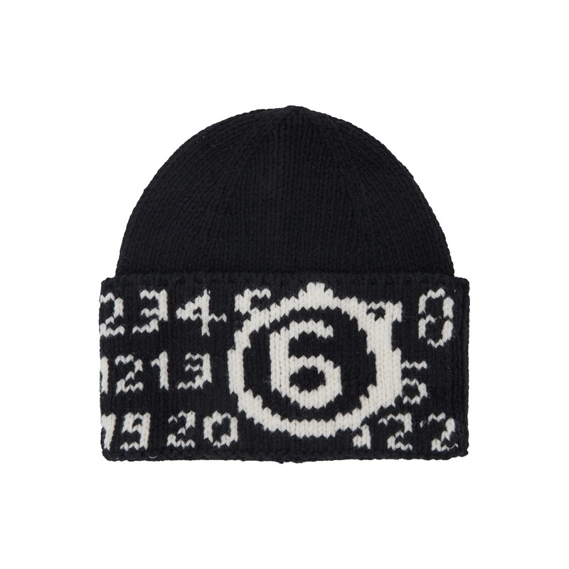 Black Knit Beanie with Maxi Logo Embroidery on the Front in Wool Blend Boy