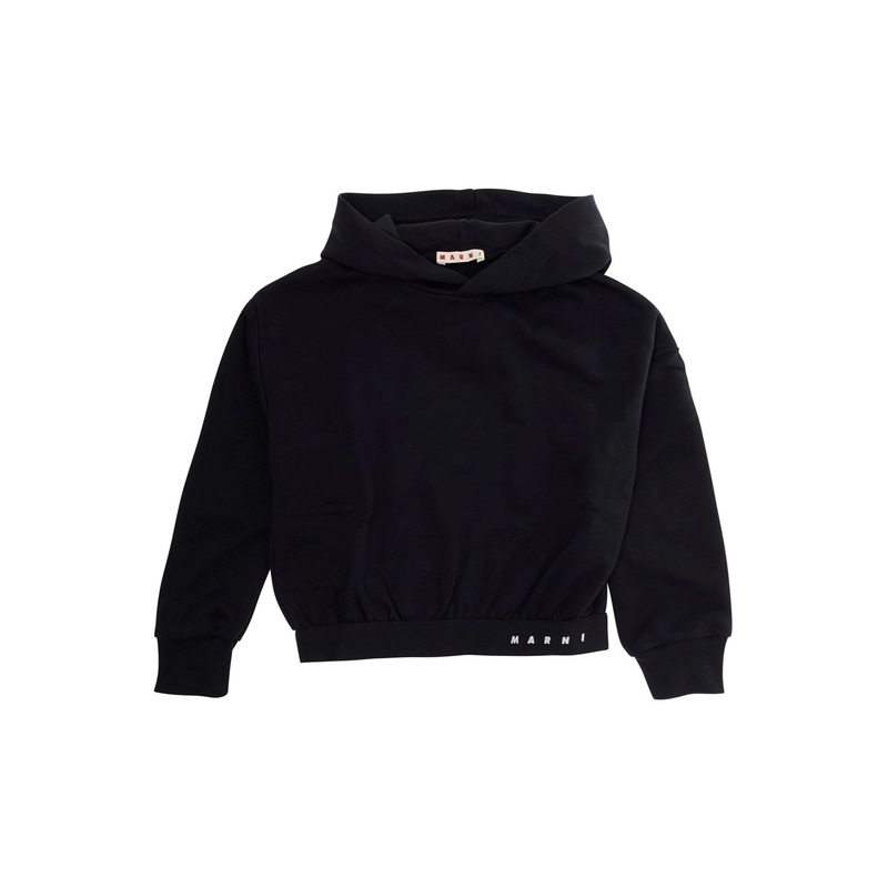 Black Sweatshirt with Fixed Hood and Embroidered Logo on Front in Cotton Girl