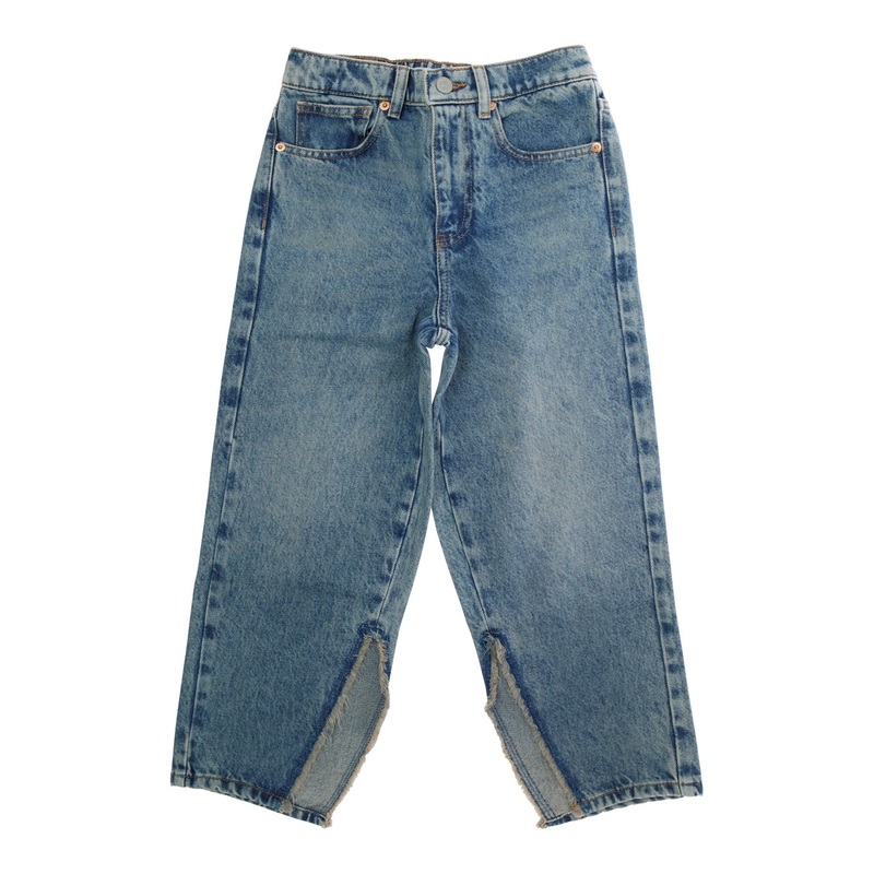 Blue Jeans with Logo Patch on the Back and Side Slits in Denim Boy