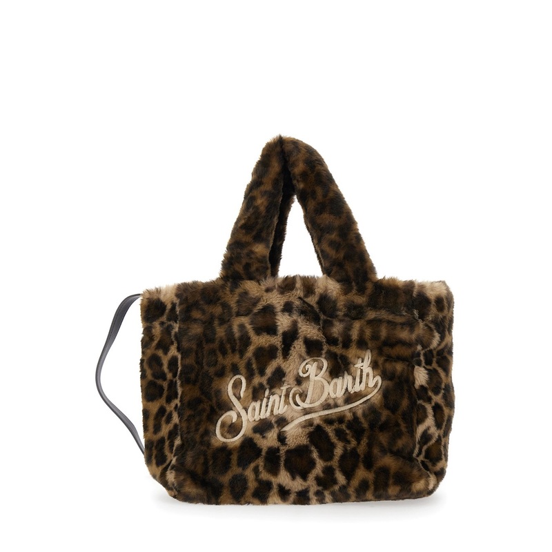 ‘Colette’ Brown Handbag with Logo Lettering on Front and Back and Leopard Print in Faux Fur Girl