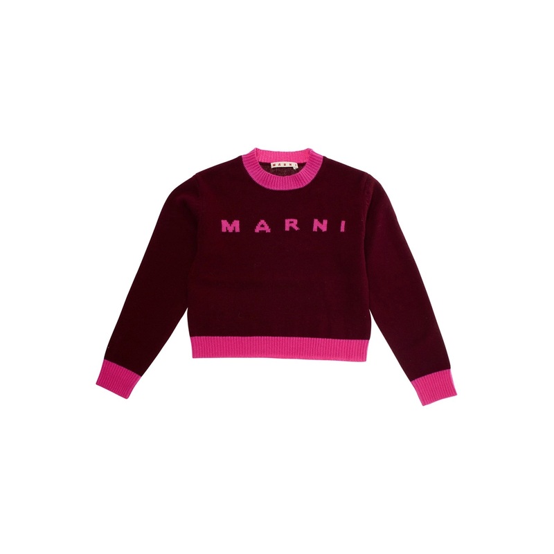 Fuchsia Crewneck Sweater with Logo Lettering on the Front and Contrasting Trims in Wool and Cashmere Woman
