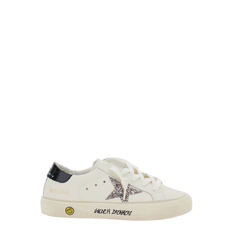 ‘May’ White Low Top Sneakers with Glittered Star Patch and Contrasting Heel with Logo Lettering in Leather Girl