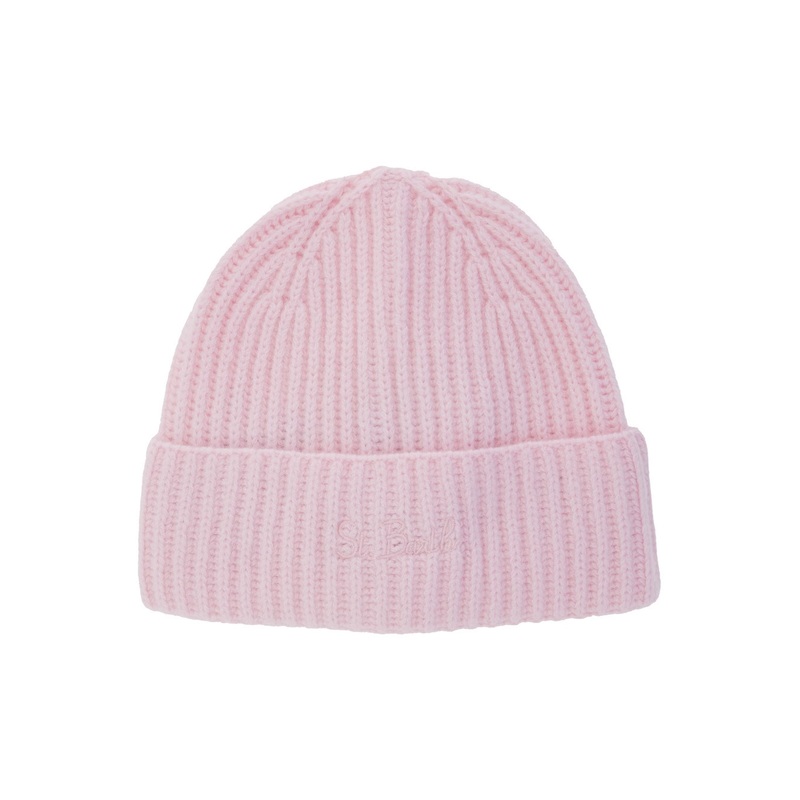 Pink Ribbed Beanie with Embroidered Logo on the Front in Wool Girl