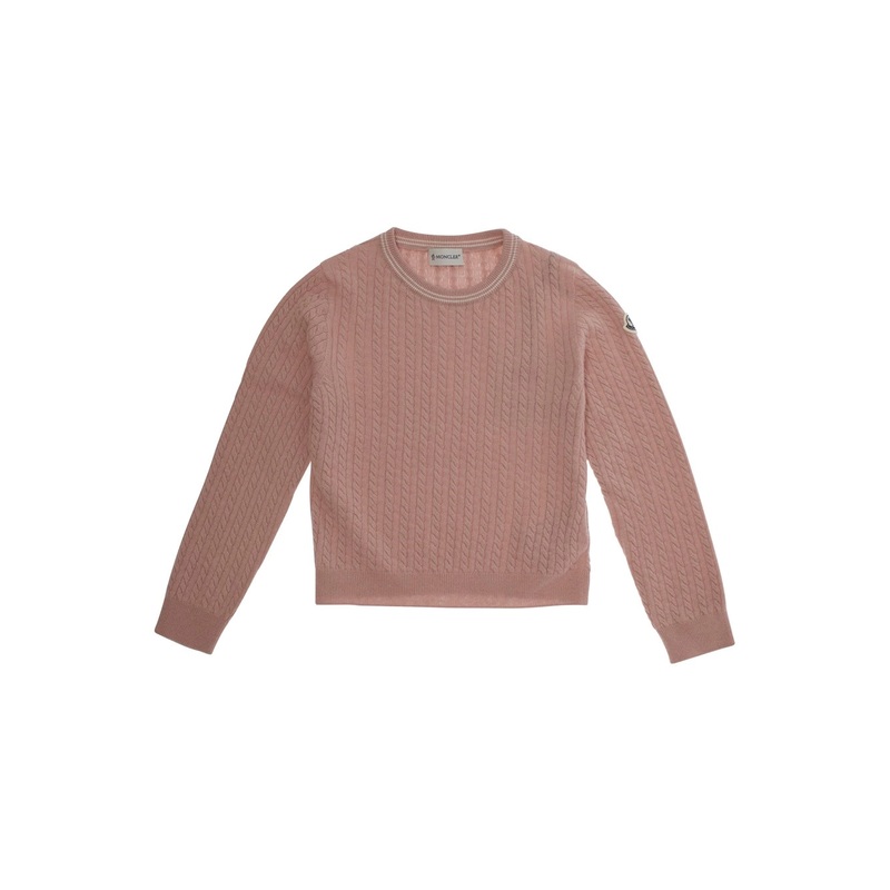 Pink Sweater with Braided Design and Logo Patch on Sleeve in Virgin Wool Blend Baby