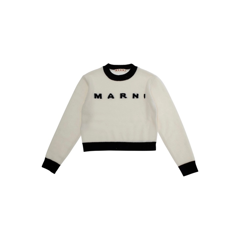 White Crewneck Sweater with Logo Lettering on the Front and Contrasting Trims in Wool and Cashmere Woman
