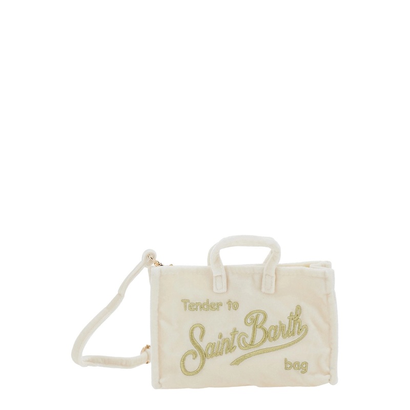 White Handbag with Adjustable and Removable Shoulder Strap and Logo Lettering on the Front in Fabric Girl