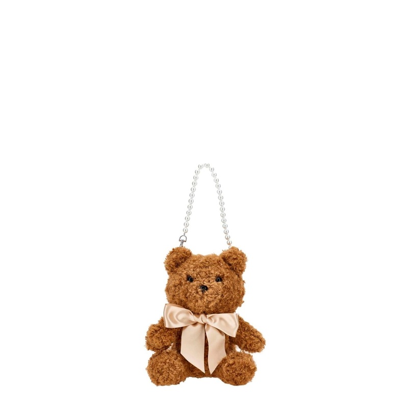 Brown Shoulder Bag with Teddy Bear Design in Fabric Woman