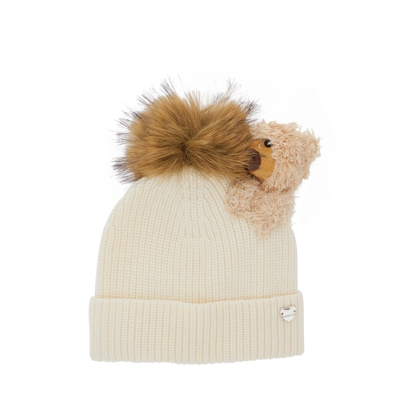 White Beanie with Teddy Detail and Logo Plaque on the Front in Wool Girl