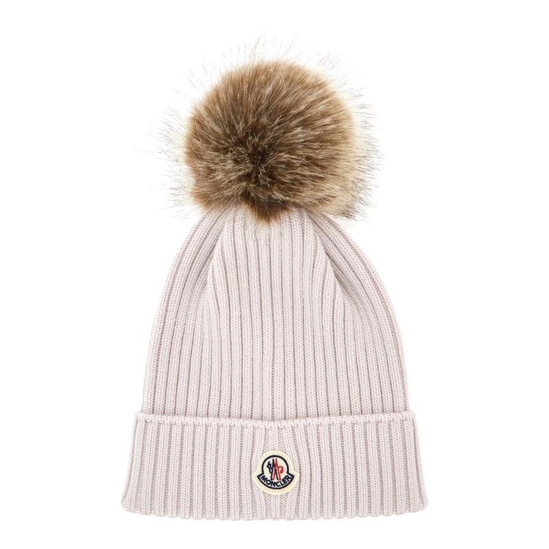 Beige Beanie with Logo Patch on the Front and Pompom Details in Wool Girl