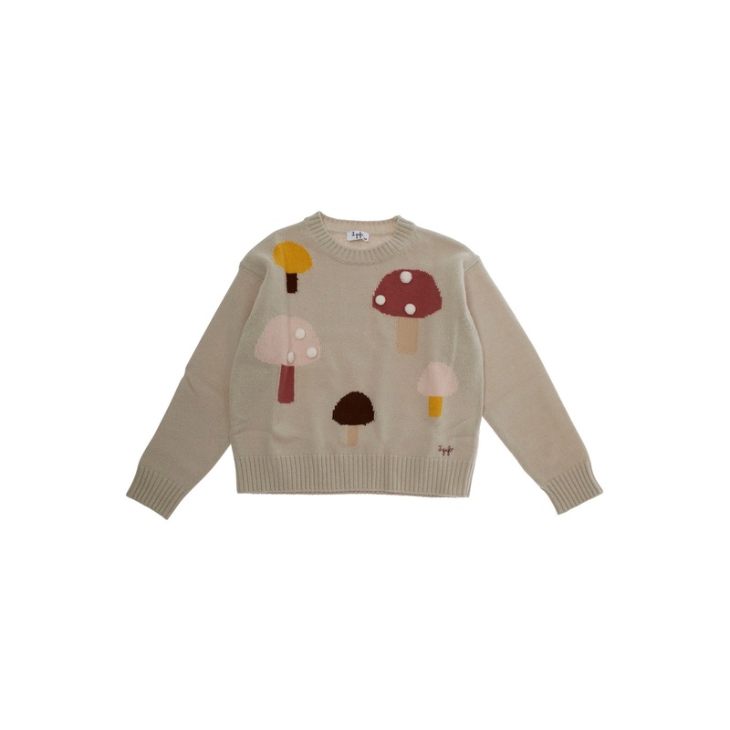 Beige Crew Neck Sweater with Front Embroidery in Wool Girl