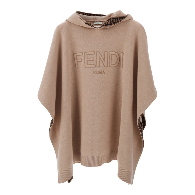 Beige Hooded Cape with Logo Lettering on the Front in Wool Girl