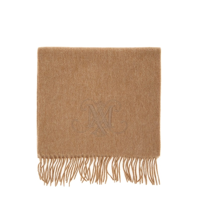 Beige Scarf with Logo Embroidery on the Front and Fringed Hem in Wool Girl