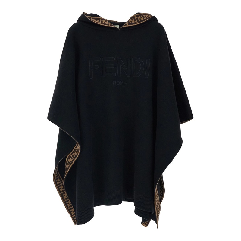 Black Hooded Cape with Logo Lettering on the Front in Virgin Wool Girl