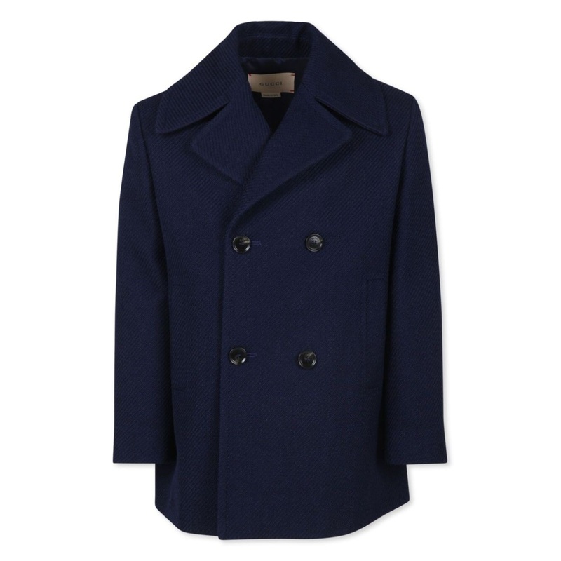 Blue Double-Breasted Coat with Rear Web and Logo Print in Wool Blend Boy