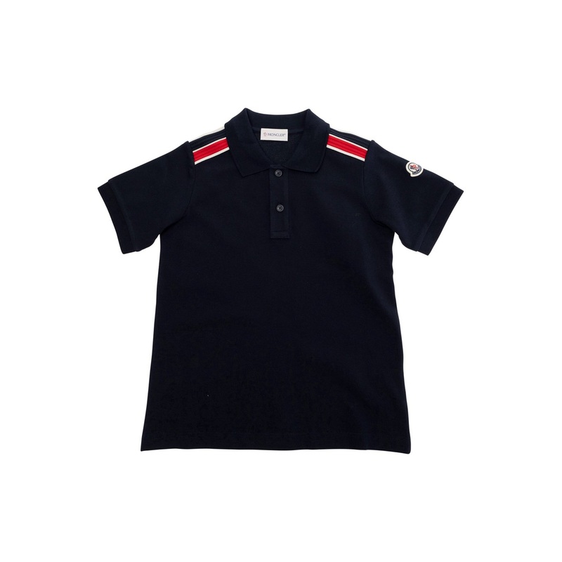 Blue Polo Shirt with Classic Collar with Striped Detail and Logo Patch on the Sleeve in Cotto Boy